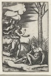 Hombre dormido y ninfa perseguidos por Amor