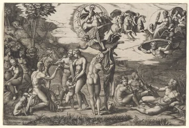 El Juicio de París: está sentado a la izquierda con Venus, Juno y Palas Atenea, una victoria alada encima, c.1510-20 (grabado)