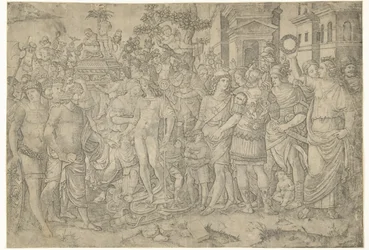 Procesión triunfal del emperador romano con soldados y armaduras saqueadas