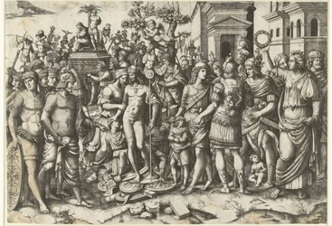 Procesión triunfal del emperador romano con soldados y armaduras saqueadas
