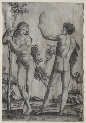 Dos hombres desnudos junto a un árbol
