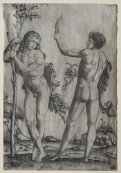 Dos hombres desnudos junto a un árbol