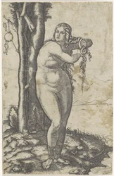 Venus se para al borde del agua y exprime el agua de su cabello. nacimiento de venus