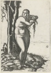 Venus se para al borde del agua y exprime el agua de su cabello. nacimiento de venus