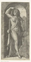 Mujer como personificación de Prudentia con serpiente y máscara Siete virtudes (título de la serie)