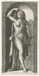 Mujer como personificación de la Prudencia (Prudentia) con serpiente y máscara
Siete Virtudes (título de la serie)