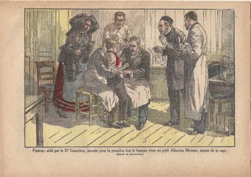 Pasteur, asistido por el Dr. Grancher, inoculó por primera vez el famoso virus en el pequeño amo alsaciano, infectado de rabia., Le Pèlerin, 5/11/1922 (impresión)