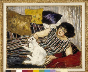 Suzanne Valadon (1865-1938) y su gato. Pintura de Marcel Leprin (1891-1933), Mención obligatoria: Colección fondation regards de provence, Marsella (cm 45x54)