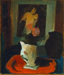 Desnudo, jarrón blanco y alfombra roja