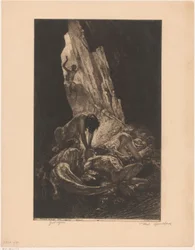 Interior de una cueva oscura con criaturas devorando a un hombre desnudo
Guet-apens (título en el objeto)