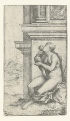 mujer, con, niño, sentado, en, edificio clásico
