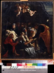 El Descendimiento de la Cruz. Entre los personajes representados alrededor del cuerpo de Jesucristo: la Virgen María, Santa María Magdalena, San José de Arimatea y San Nicodemo. Pintura de Marcelle Venusti (1512 o 1515-1579). H