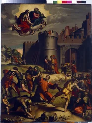 El martirio de San Esteban. (El martirio de San Esteban). El primer diácono de la iglesia cristiana, Esteban (martirizado en el año 35), fue apedreado a las afueras de la ciudad de Jerusalén y durante su tortura, fue testigo de un milagro, Dios y Jesucrist