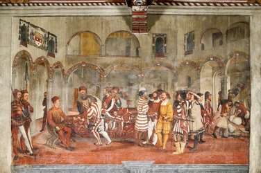 Escena de caza, detalle de la Visita de Cristiano I de Dinamarca a Bartolomeo Colleoni, Salón de Honor