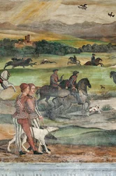 Escena de caza, detalle de la Visita de Cristiano I de Dinamarca a Bartolomeo Colleoni, Salón de Honor
