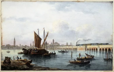 El puente sobre la laguna en el "Álbum de las principales vistas de Venecia" dibujado por Marco Moro ed. Gio Brizeghel n.d 1840. aprox.