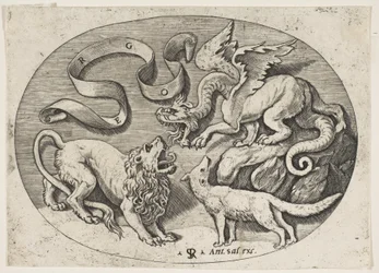 Un león, un dragón y un zorro luchando entre sí, una banderola inscrita arriba, un óvalo, ca. 1515-27