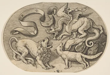 Un león, un dragón y un zorro luchando entre sí, una banderola inscrita arriba, un óvalo, ca. 1515-27