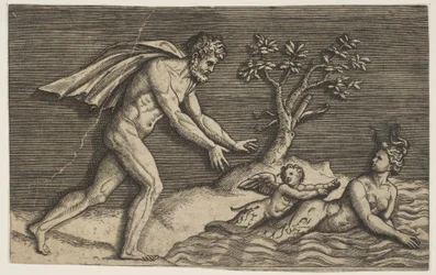 Un hombre desnudo persiguiendo a una náyade y un cupido en el agua, ca. 1515-27