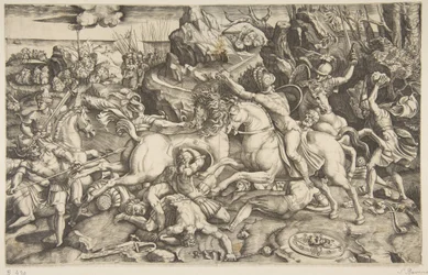 Escena de batalla en un paisaje con soldados a caballo y varios hombres caídos, otro..., ca. 1520