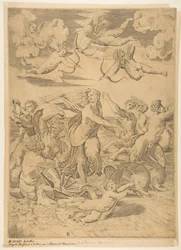 Galatea montada en una concha tirada por delfines, un cupido abajo y f..., ca. 1515-27