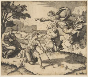 Dios apareciendo a Isaac, Dios flotando en nubes señalando hacia Rebeca sentada bajo..., ca. 1515-27