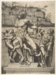 Laocoonte y sus hijos siendo atacados por serpientes
