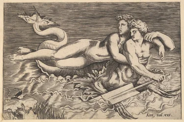 Speculum Romanae Magnificentiae: Un tritón llevándose a una ninfa, siglo XVI