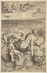 Venus y Cupido montando dos monstruos marinos, Cupido levanta una flecha en su mano derecha, ca. 1515-27