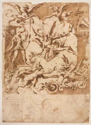 Grotesco con un sátiro alimentando a un dragón (recto), Grotesco con un centauro saltando (verso), c1565-158
