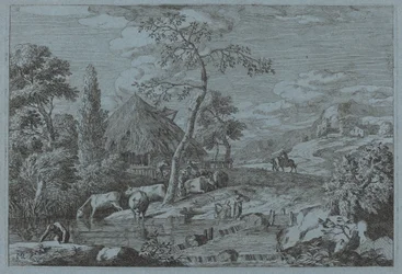 Ganado y figuras en un arroyo de granja