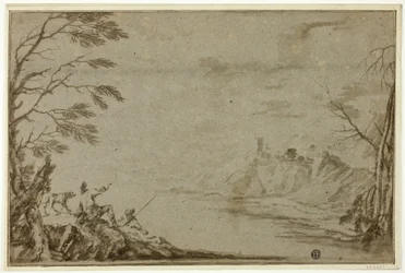 Cazadores con perro junto al río