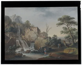 Paisaje con cascada y casas de campo