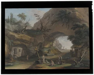 Paisaje montañoso con monjes