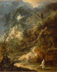Naturaleza salvaje con monje en una tormenta (pintura sobre lienzo)