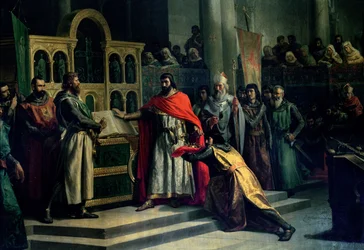 El Juramento de Santa Gadea, El Cid Campeador (c.1043-99) extrae de Alfonso VI (c.1040-1109), rey de Castilla, el juramento de no haber participado en el año 1072 en el asesinato de su hermano Sancho II (c.1083-1072) (óleo sobre lienzo)