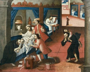 Hombres religiosos tratando a un paciente en el Hospital de San Andrés, Cuzco