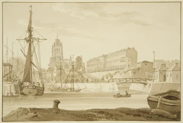 Iglesia de Redcliffe y Redcliffe Parade desde los bancos del mar, mostrando las casas de peaje del puente de Prince Street