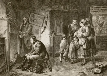 Napoleón busca descanso en una cabaña al borde del camino después de su derrota en Waterloo, grabado por J.D. Cooper