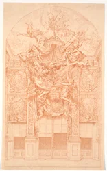 Boceto decorativo con genios que llevan una corona y un dosel