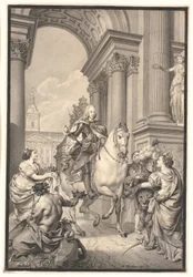 Trabajo preparatorio para la pintura: Dinamarca y Noruega rinden homenaje a Chr. VI (quemado con Christiansborg 1794)