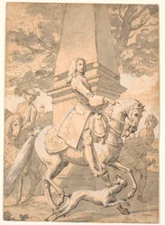 Caballero noble seguido por sirvientes pasa junto a un monumento