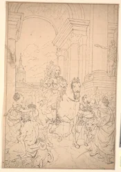 Boceto para la pintura: Dinamarca y Noruega rinden homenaje a Chr. VI (quemado con Christiansborg 1794)