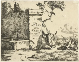 Vaca pastando detrás de la pared Ganado (título de la serie)