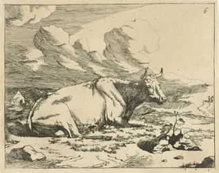 Vaca acostada, de perfil Vacas y toros (título de la serie)