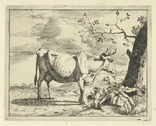 Vaca de pie por árbol Bovinos y porcinos (título de la serie)