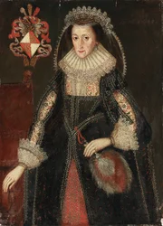 Retrato de Lady Eleanor Dutton, tres cuartos de longitud, en vestido elegante, de pie junto a una silla con el escudo de armas de la familia Dutton de Cheshire y Gloucestershire