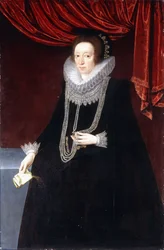 Retrato de Margaret Belasyse, con vestido negro, collar de perlas y un libro en la mano derecha