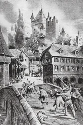 La quema del castillo de Wadenschwyl en 1804 (litografía)