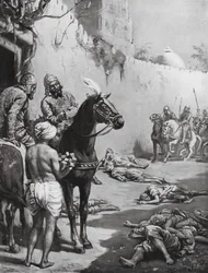 El fin de los monjes budistas, 1193 d.C. (litografía)